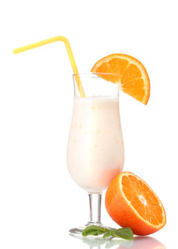 Bunch of bananas and milk cocktail isolated on white