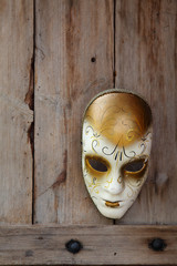 Venice carnival mask hanging on wooden door