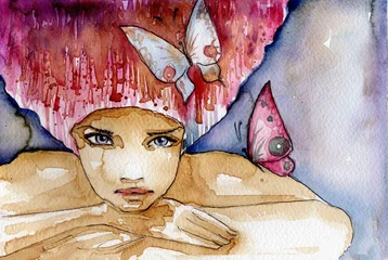 Acrylic kitchen splashbacks Painterly inspiration abstrakcyjna dziewczyna z motylami