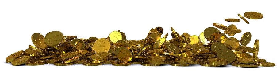 Falling gold dollar coins. 3D rendering