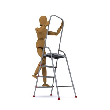 The wooden man climbs a ladder. Front view. 3D rendering