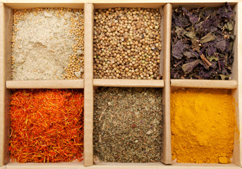 Mix Spicy Spices in box as background