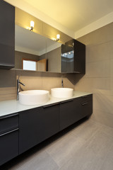 beautiful apartment, interior, bathroom, two sinks and mirror.