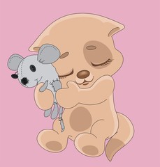 Маленький котенок обнимает любимую старую игрушку