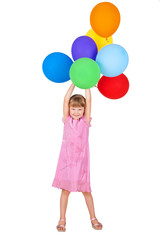 Fototapeta na wymiar smiling girl holding balloons branch isolated on white backgroun