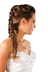 bridal hairdo with a plate isolated on white background