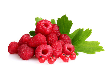 fresh raspberries and leaves isolated on white