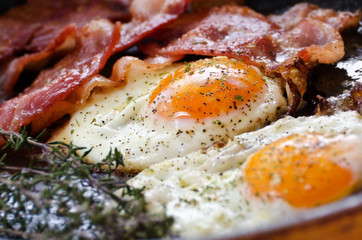 Fried eggs with bacon in a pan seasoned with herbs