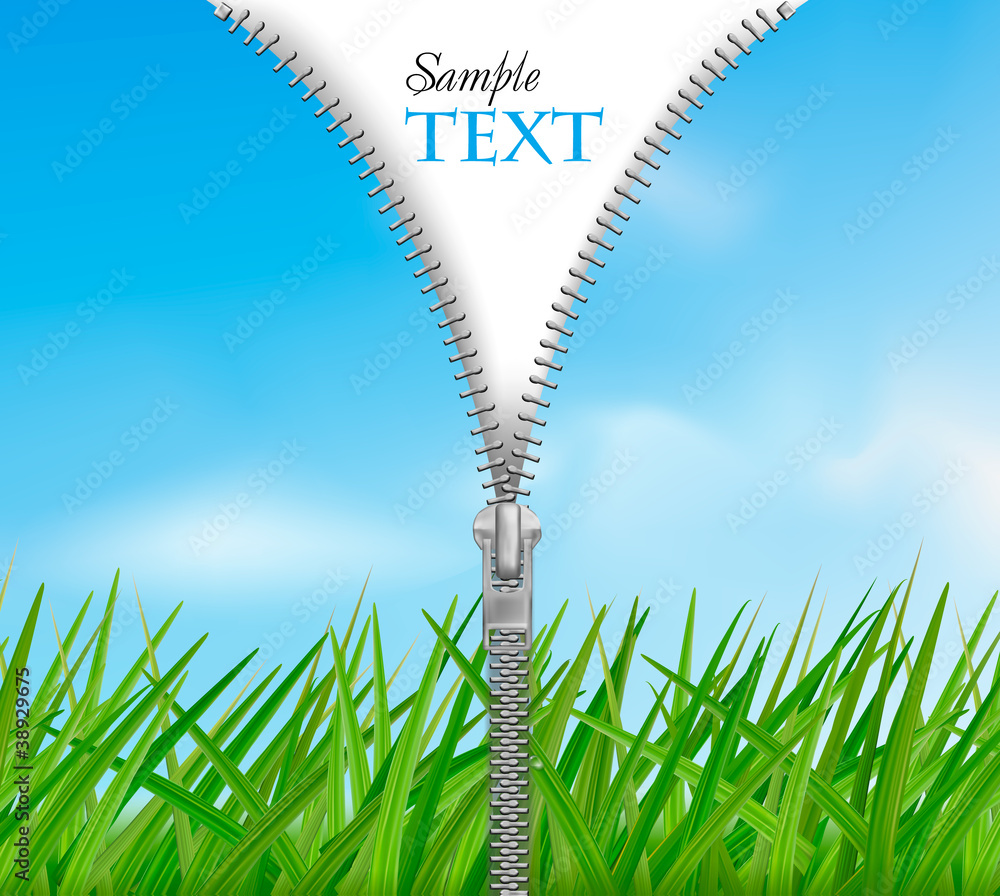 Poster sky with grass background with zipper. vector.