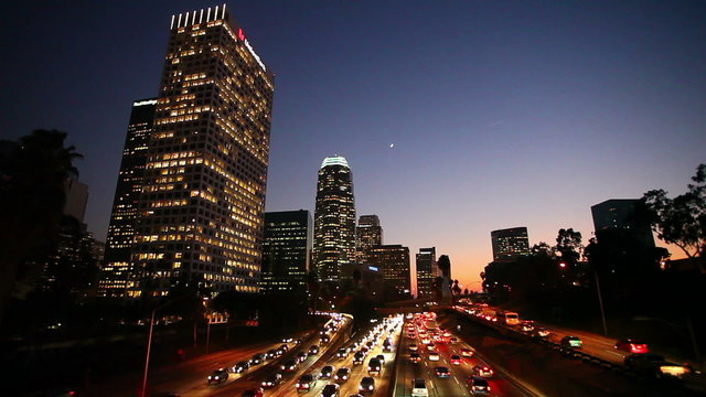 Los Angeles, Urban City at Sunset with Freeway Traffic