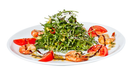 shrimps cocktail appetizer on brown towel with lemon and cherry