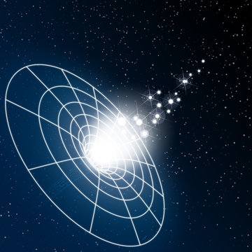 Black hole funnel and stars. Stars are attracted by a black hole. Illustration on black background.