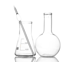 Two empty flasks with reflection isolated on white