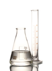 Flask with water and empty measuring beaker with reflection