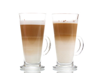 Fragrant сoffee latte in glass cups isolated on white