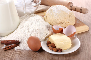Ingredients for the dough wooden table