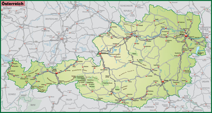 Landkarte von &Ouml;sterreich mit Verkehrsnetz in gruen