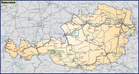 Landkarte von Österreich mit Verkehrsnetz in orange