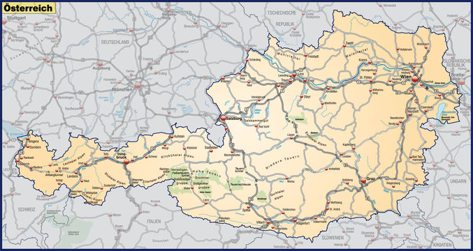 Landkarte von &Ouml;sterreich mit Verkehrsnetz in orange