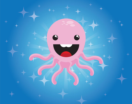 Cute cartoon octopus character on blue background