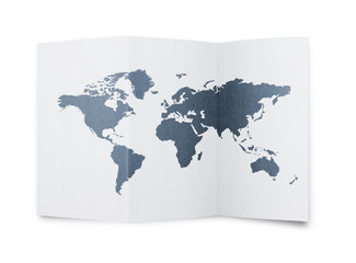 World map at bent paper sheet