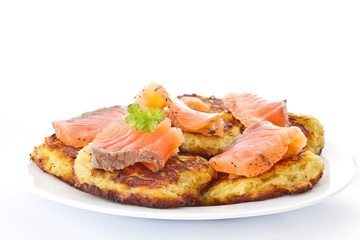 fried potato pancakes with salted salmon