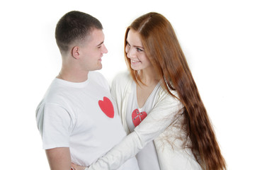 young loving couple over white