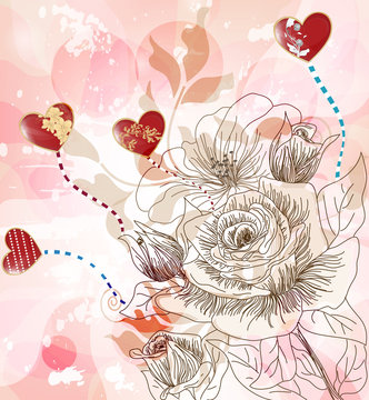 bellissima cartolina con rose disegnate a mano e cuori