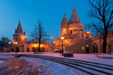 Winter scene of the Fisherman's Bastion in Budapest