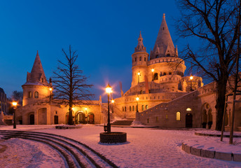 Winter scene of the Fisherman's Bastion in Budapest