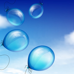 Blue balloons against sky with clouds