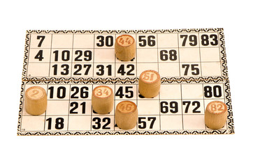 isolated vintage numbers game cards and wooden dices