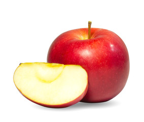 red with yellow apple on white