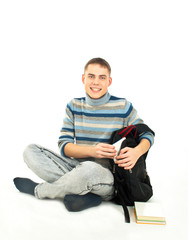 Young, attractive, happy male student with backpack .