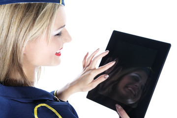 Flubegleiterin Gesicht mit PC Tablet Porträt 
