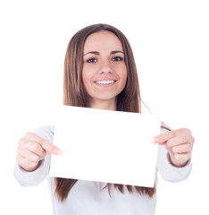 Fototapeta premium young woman showing blank signboards