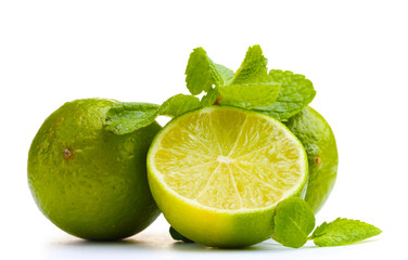 Fresh lime with mint isolated on white