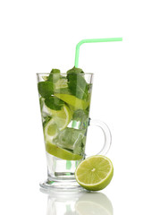 Glass of cocktail with lime and mint isolated on white
