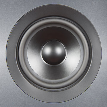 Audio System. Silver speaker close up.