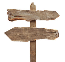 old wooden arrows road sign isolated on white