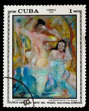 CUBA - CIRCA 1973: A stamp printed by CUBA , C. Enriquez "swimme