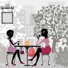 Foto op Plexiglas Tekening straatcafé meisje in een zomercafé en cake