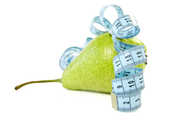 pear wrapped by blue measure tape