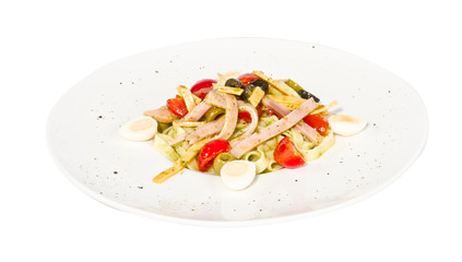 photo of delicious pasta (tagliatele) with bacon and tomatoes