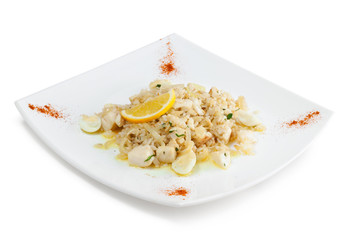 Rice with seafood and quail eggs