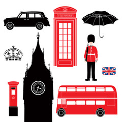 Royaume-Uni - Londres symboles-icônes-silhouette-pochoir -très détaillé