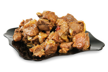 Stew with onions on a plate.