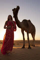Silhouette of woman in Saree with Camel Silhouette