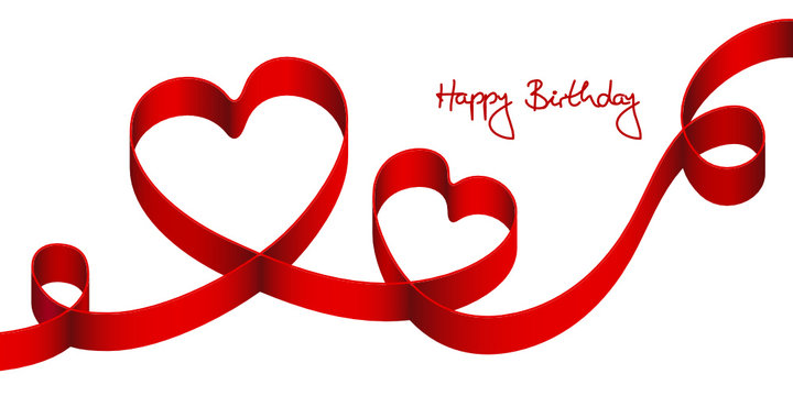 Satin Bow 2 Red Hearts & 2 Swirls "Happy Birthday"