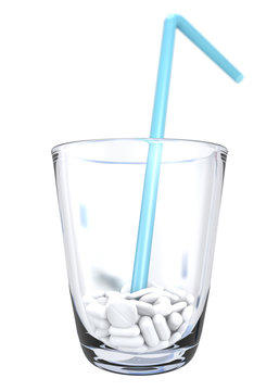 white drugs and blue straw in glass